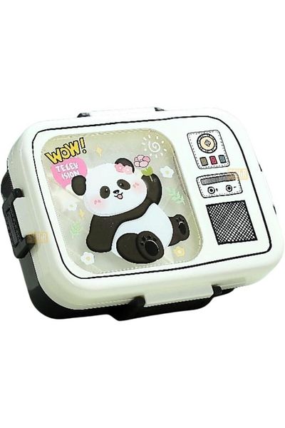 Vagonlife Bento 820ml Lunchbox Single Tier 3 Compartments Stainless Steel (White Panda)