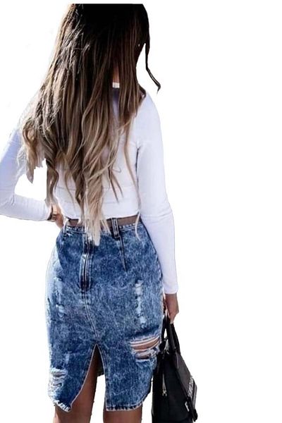 FashionForYou Fustă midi din denim cu talie înaltă Andreea, albastră, mărimea XS