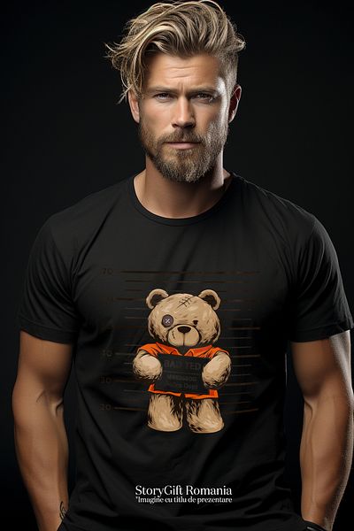 StoryGift Romania Tricou bărbătesc cu ursuleț de pluș, închisoare, poliție, cu imprimeu pe față, 100% bumbac, Nestg