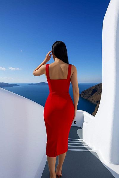 Mossta Chest Detailed Square Collar Slit Crepe Pencil Dress