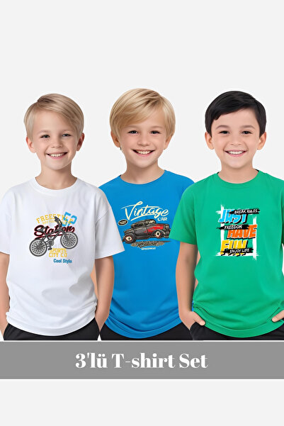 FYK KİDS Boys Round Neck 3-Piece Basketball-Surf Al Day Printed T-Shirt