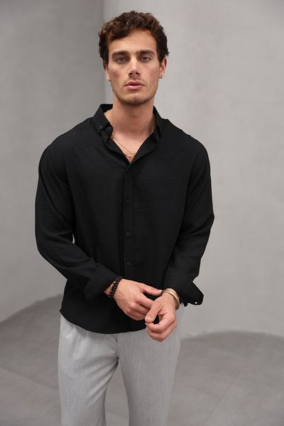 Bürke Summer Linen Textured Long Sleeve Black Men's Shirt