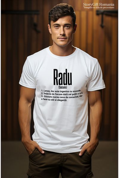 StoryGift Romania Tricou Barbati Cu Numele Radu, Amuzant, Lenes, Haios, Funny, Personalizat, Cadou cu imprim STG