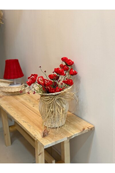 Maison Avf Set of 2 Rattan Handmade Vase & Red Poppy