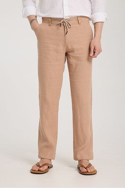 muzzo jeans Dark Beige 100% Linen Trousers with Elastic Waist