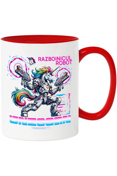 StoryGift Romania Mug with Robot Unicorn With Weapons, Multicolored Mane Text Unicorn Warrior, Ceramics, With ,STG