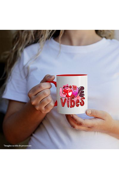 StoryGift Romania Mug with the message "Love vibes", lips, dice, red hearts, lollipop, pink background, Va, Cu, STG