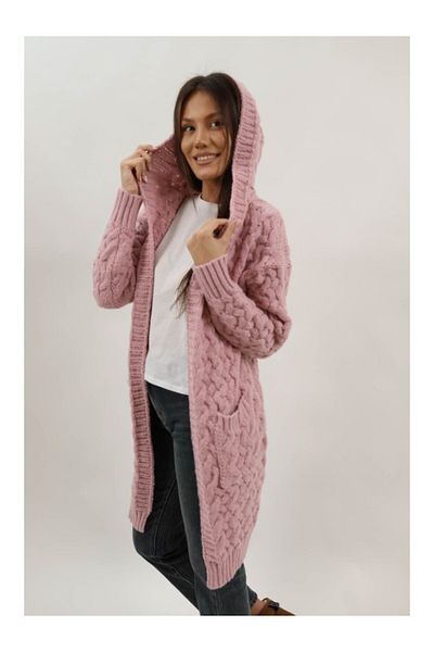 Lamiar LONG CARDIGAN IN THICK KNIT WITH HOOD AND ALETTA POCKET ONE SIZE Rose