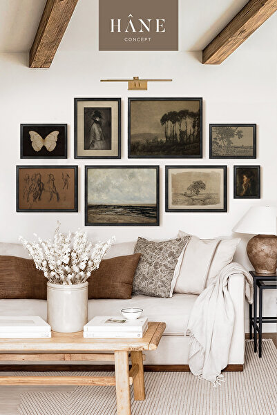 Hane Concept Rustik Çerçeveli 8'li Tablo Seti, Vintage Galeri Duvarı, Koyu Temalı Baskılı, Çiftlik Evi Tarzı