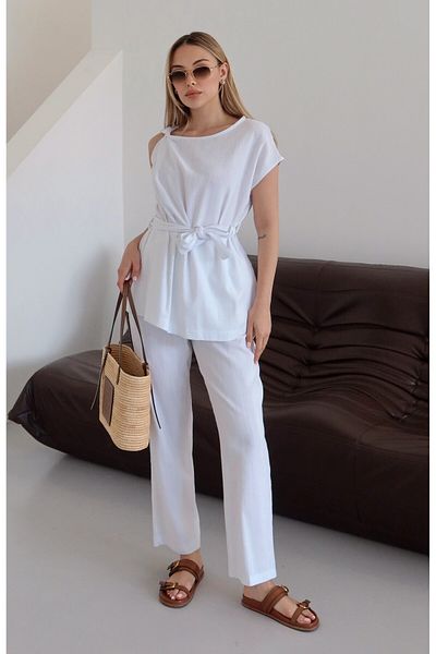 Laluvia Weißer Schulter-Twist-Hosenanzug mit Bluse – 8644