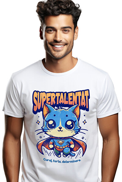 StoryGift Romania Tricou bărbătesc Super Talented, Supererou, Pisică Zburătoa...