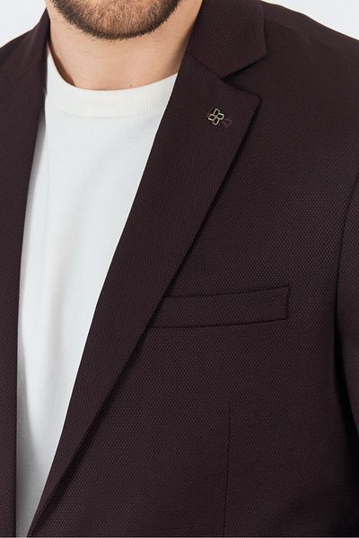 Frappoli Manzoni Men's Burgundy Polyester Fabric Mono Collar Slim Fit Blazer Jacket