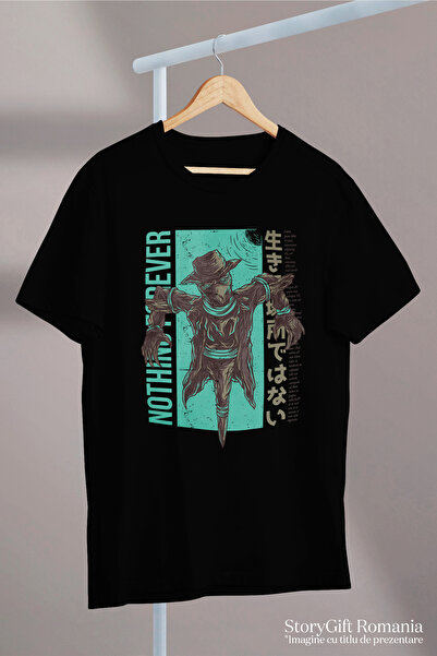 StoryGift Romania Men's T-shirt With Text In English Nothing Forever, Scarecrow In Field With Hatsstg