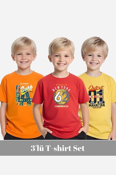 FYK KİDS Boys Round Neck 3-Piece Basketball-Surf Al Day Printed T-Shirt