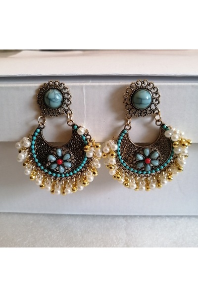 Butik Tülin أقراط نسائية أصلية مصنوعة يدويًا من الخرز المعدني البرونزي واللؤل...