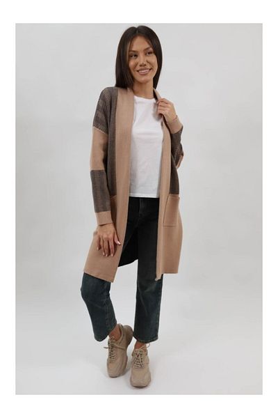 Lamiar LONG KNITTED CARDIGAN WITH POCKET WITHOUT CLOSURE ALBERICO ONE-WAY WAIST Camel