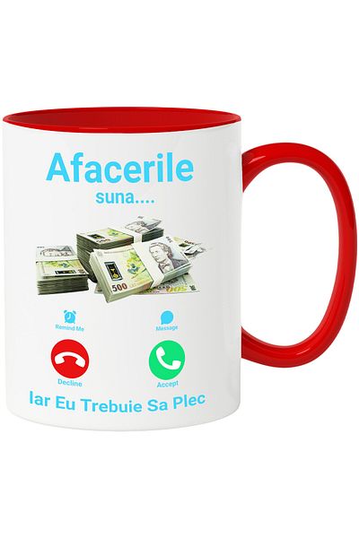 StoryGift Romania Mug with Phone Call, Stack of 500 lei Banknotes, Text Business is calling, must be closed, With ,STG