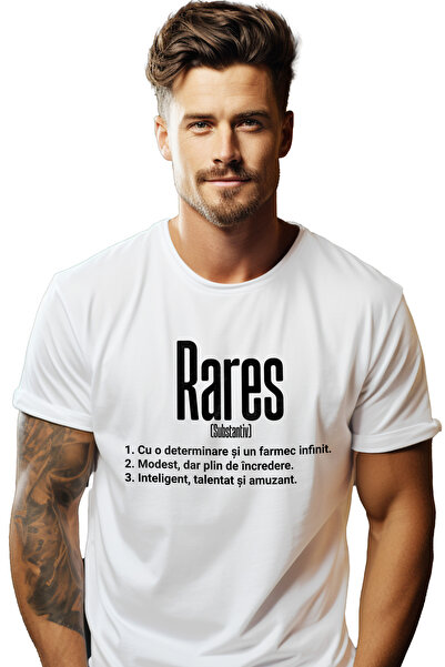 StoryGift Romania Tricou bărbătesc cu nume Rares, Determinare, Modest, Inteli...