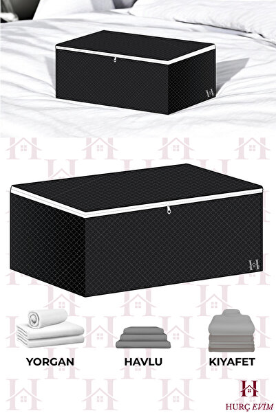 HURCEVİM Black Quilted Zippered Storage Box - under Base Clothing Storage Box Organizer - 65X45X22 cm