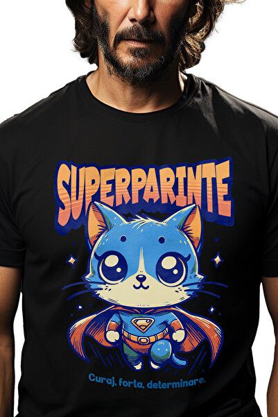 StoryGift Romania Tricou bărbătesc Super Parent, Superhero, Flying Cat cu imp...