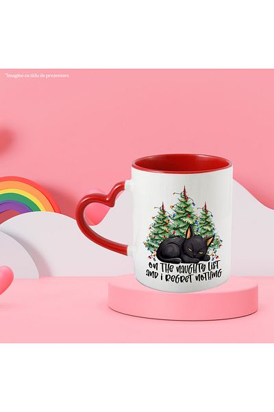StoryGift Romania Mug with sleeping black kitten with the message "On the naughty list and I regret not, With ,STG