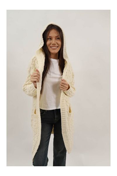Lamiar LONG CARDIGAN IN THICK KNIT WITH HOOD AND ALETTA POCKET ONE SIZE Ivory