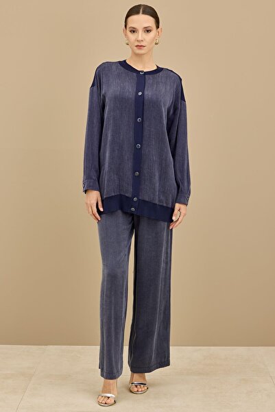 Tığ Triko İçi Kolsuz Bluzlu 3lü Pantolonlu Takım LACİVERT