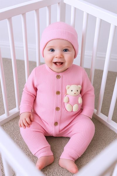 HÇM Baby Jumpsuit with Hat Gift Buttoned Teddy Bear Detail C32