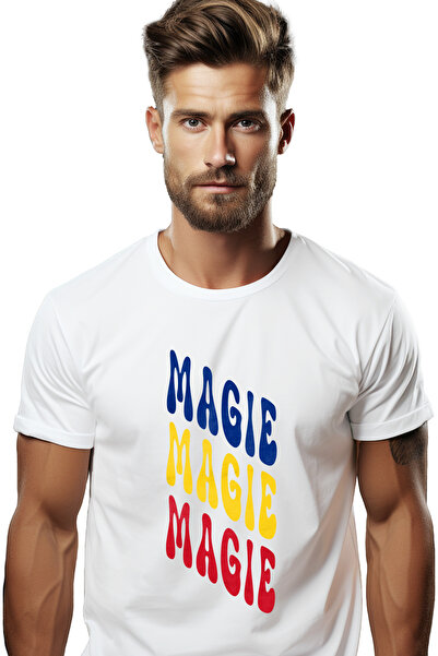 StoryGift Romania Tricou bărbătesc Cuvântul Magie, În Culorile Drapelului Rom...