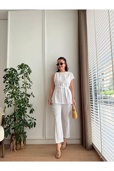My Blog Weißer Schulter-Twist-Hosenanzug mit Bluse – 8644