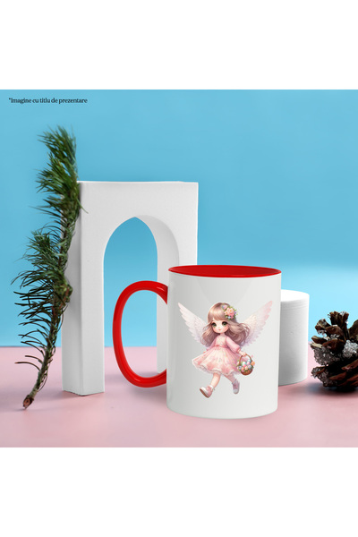 StoryGift Romania Mug with a little girl with angel wings, illustration, flowers in her hair, dress, basket with , With ,STG