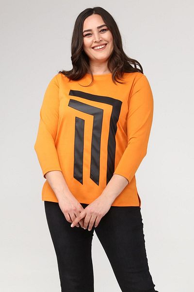 Şans Women's Plus Size Orange Front Leather Detailed Crew Neck Blouse 65n31124