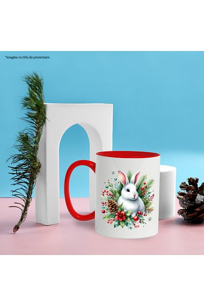 StoryGift Romania Mug with a bunny, illustration, Christmas, fir cone, mistletoe, leaves, holiday, , With ,STG