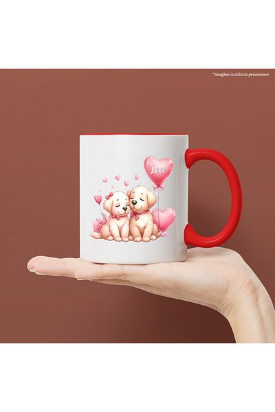 StoryGift Romania Mug with 2 puppies, illustration, bows, balloons, hearts, affection, friends, With ,STG