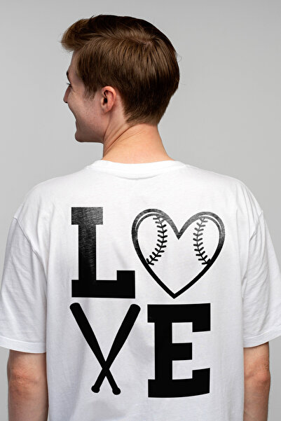 StoryGift Romania Tricou bărbătesc cu inimă și 2 bâte de baseball cu textul „love” imprimat pe spate, 1 buc.