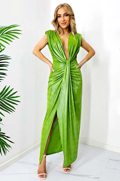 FashionForYou Ilaria elegant dress, ruched cut and deep neckline, Light metal...