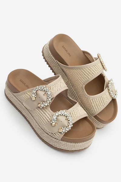 Marjin Damen-Hausschuhe aus Stroh mit dicker Sohle und doppeltem Band, Fivora Beige, Stroh