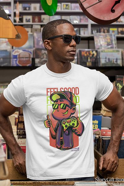 StoryGift Romania Men's T-Shirt With Boy With Sunglasses And Cap Holding Video Game Controller, Text STG
