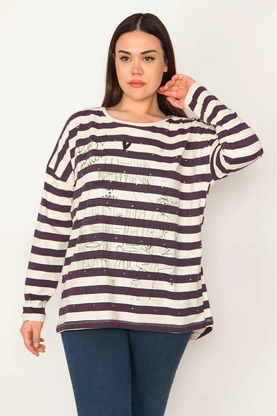 Şans Women's Large Size Plum Stone and Print Detailed Low Sleeve Striped Tunic 65n31450