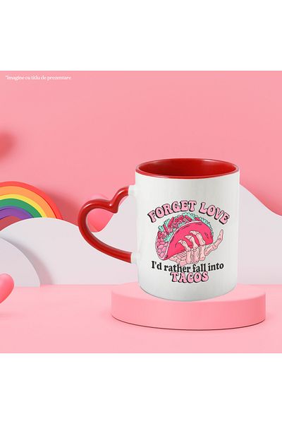 StoryGift Romania Mug with a skeleton hand holding a taco with the message "Forget love, I'd rather , With ,STG
