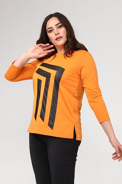 Şans Women's Plus Size Orange Front Leather Detailed Crew Neck Blouse 65n31124