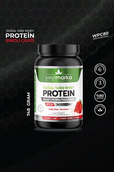 yeşilmarka Natural Whey Protein Powder– Erequito Strawberry 748g- Contains Liophilized Strawberry Powder- No Aspartame