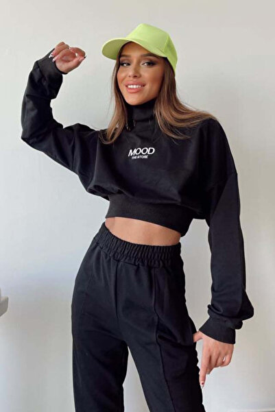 FashionForYou Compleu sport Mood, pantaloni si bluza pe gat, Negru