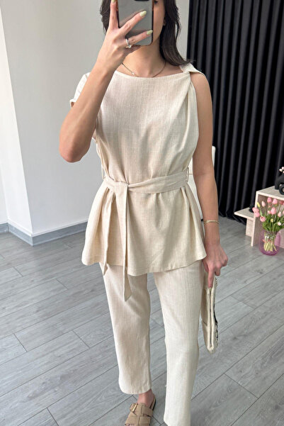 My Blog Természetes vállrészű, részletes blúz és nadrág szett - 8644