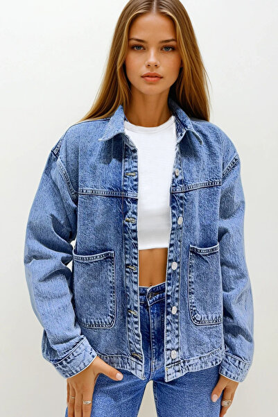 VAGGON Jachetă de jeans oversize cu buzunar dublu albastru pentru femei Vs00145