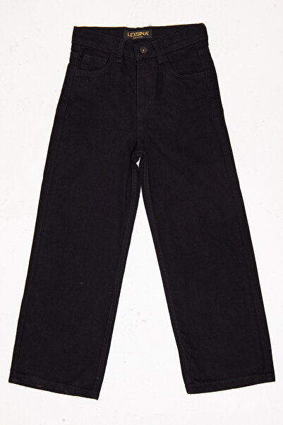 Lexsina Kız Çocuk Siyah Palazzo Jean Düz Geniş Paça Pantolon Beli Ayarlanabilir Lastikli Lx303s