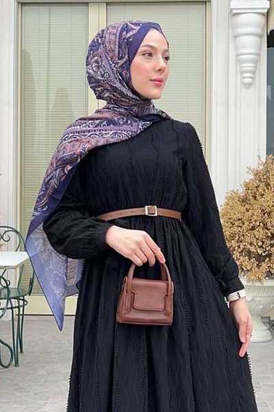 benguen Guipure Detailed Hijab Dress Black 1008-1