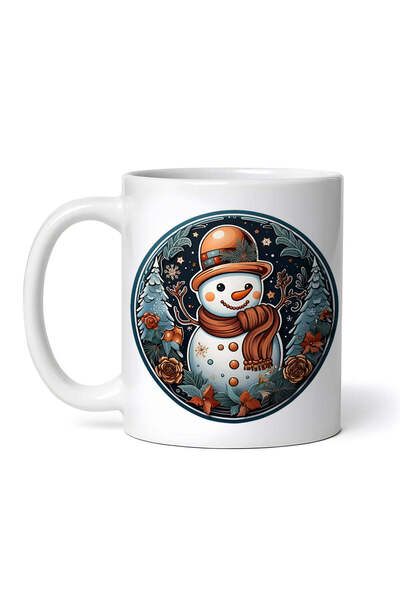 OEM Cană albă personalizată, om de zăpadă cu căciulă și eșarfă maro, Inovatix®. 330 ml