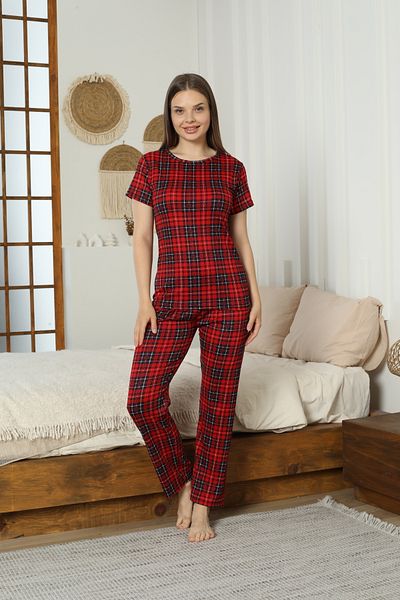 LİLA İÇ GİYİM Women's Pegasus Plaid Patterned Red Pajama Set