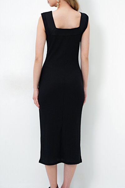 VAGGON Kadın Siyah Kare Yaka Dokulu Maxi Boy Kolsuz Elbise Prmx14168